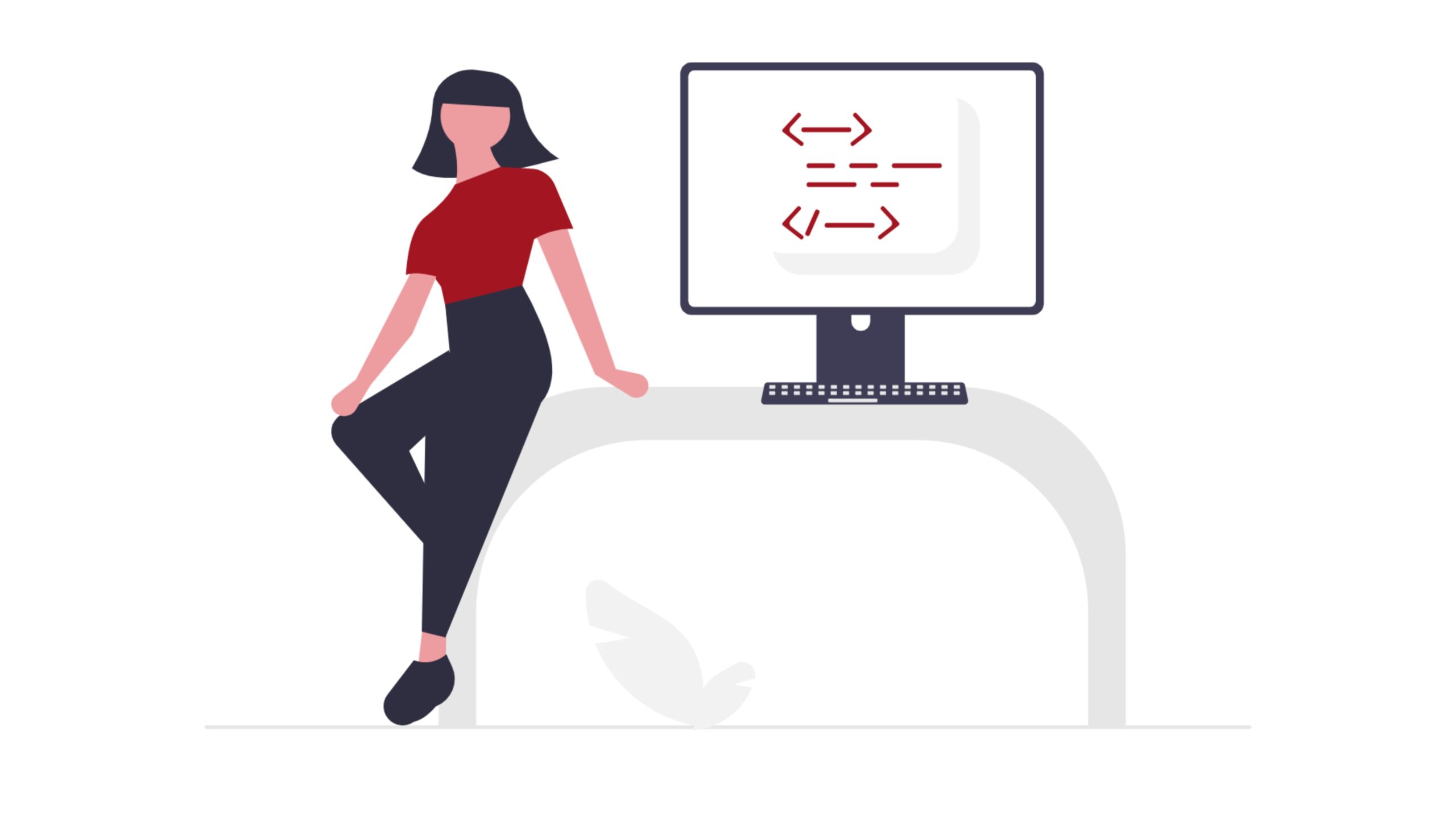 A decorative image of a student sitting on a desk next to a computer that has code on the monitor.